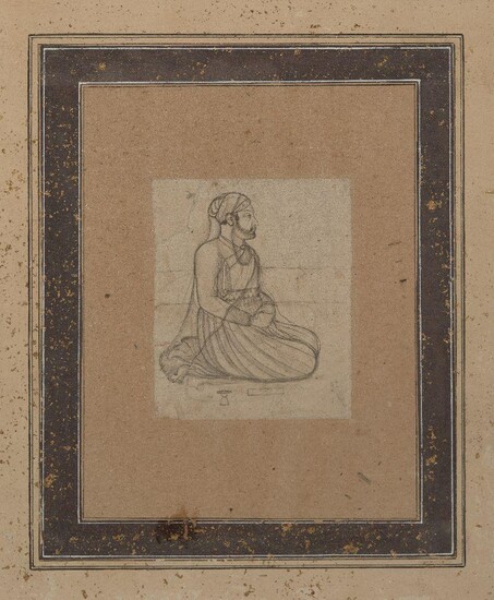 A fine drawing of a seated nobleman, possibly by Nainsukh (circa 1710-1778), India, circa 1750, pencil and gouache on paper, the bearded kneeling figure with finely drawn robes the reverse with "No. 83" in a 19th century hand, two later pencil...