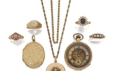 A group of jewellery comprising: four gold and gem-set rings including a sapphire and diamond cluster ring and a half-pearl ring, both approx. size K; a diamond and coral-set locket, unmarked, the associated chain indistinctly stamped 9ct, length...