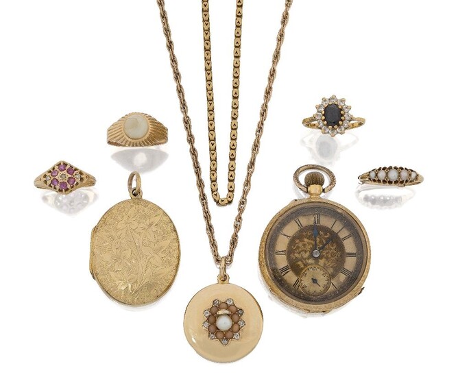 A group of jewellery comprising: four gold and gem-set rings including a sapphire and diamond cluster ring and a half-pearl ring, both approx. size K; a diamond and coral-set locket, unmarked, the associated chain indistinctly stamped 9ct, length...