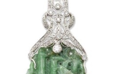 A jadeite jade and diamond pendant, the jade panel carved to depict two birds against a background of bamboos, to a brilliant-cut diamond openwork floral cluster surmount, length 10cm Please note that the jade has not been tested for natural colour...
