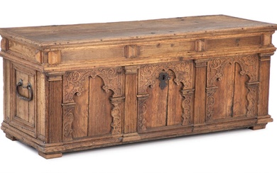 A large Danish oak chest, front with renaissance carvings, flat lid with...