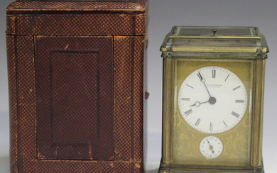 A late 19th century French brass gorge cased carriage alarm clock, retailed by J. Klaftenberger, wit