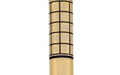 A late 19th century gold pencil, with telescopic action barrel and push button release, with white and blue enamel calendar with French initials for the months, approx. length when fully extended 11cm