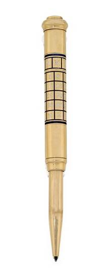 A late 19th century gold pencil, with telescopic action barrel and push button release, with white and blue enamel calendar with French initials for the months, approx. length when fully extended 11cm