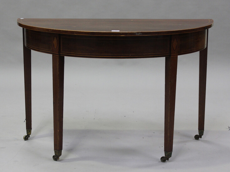 A late George III mahogany demi-lune console table with chequer stringing, on square tapering legs