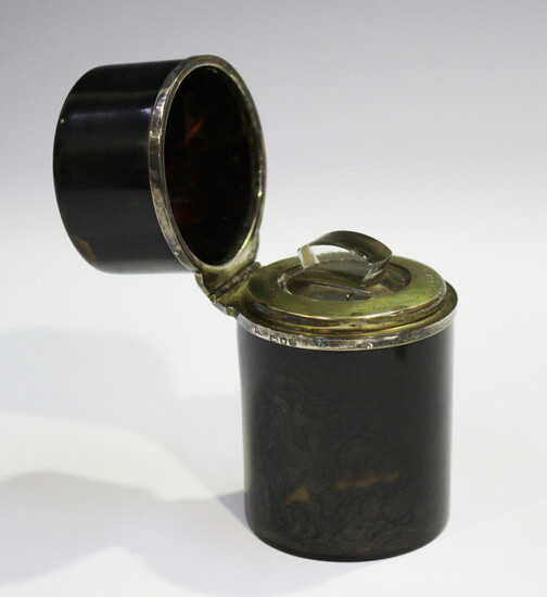 A late Victorian silver and tortoiseshell mounted cylindrical smelling salts jar with hinged lid and