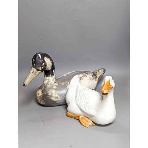 A modern painted decoy duck and a 20th century Chinese ceram...