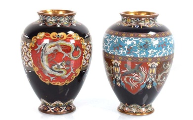 A near pair of cloisonné vases of slender form, each...