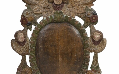 SOLD. A painted and carved wooden Baroque memorial tablet. Presumably the Philippines, 18th century. H. 112 cm. W. 90 cm. D. 10 cm. – Bruun Rasmussen Auctioneers of Fine Art