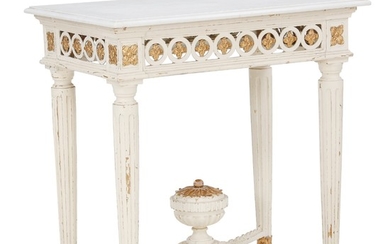 A painted and gilt Danish Louis XVI console table with later marble top. Ca. 1780. H. 80 cm. W. 80 cm. D. 50 cm.