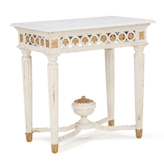 A painted and gilt Danish Louis XVI console table with later marble top. Ca. 1780. H. 80 cm. W. 80 cm. D. 50 cm.