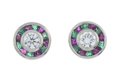 A pair of 18ct gold brilliant-cut diamond, ruby and emerald stud earrings.