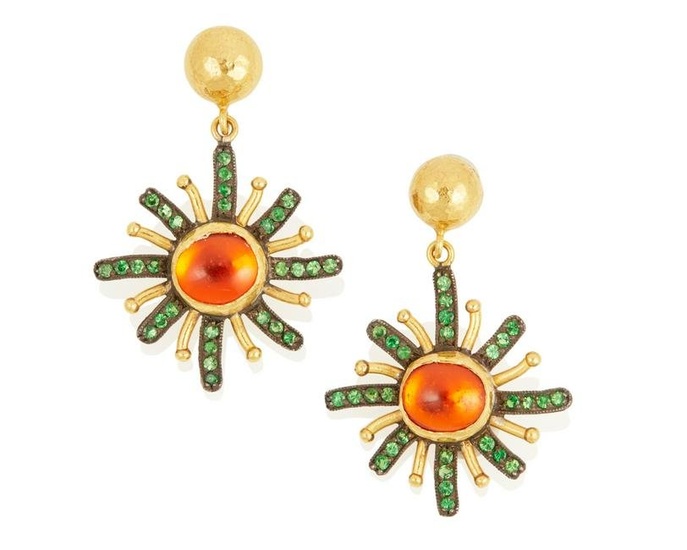 A pair of Ara fire opal and tsavorite garnet earrings