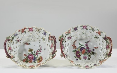 A pair of Bow porcelain pierced baskets, 18th century
