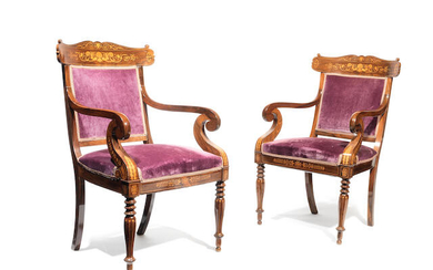A pair of Charles X rosewood and marquetry armchairs