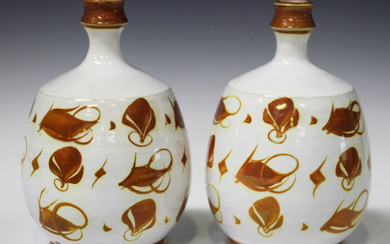 A pair of Edgar Campden Aldermaston pottery table lamps with ochre lustre decoration, painted marks