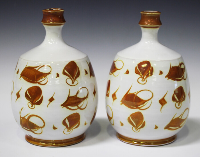 A pair of Edgar Campden Aldermaston pottery table lamps with ochre lustre decoration, painted marks