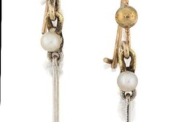 A pair of Edwardian diamond and seed pearl drop earrings, the square openwork drops with single-cut diamond centre and seed pearl and rose-cut diamond surround, to knife edge bar suspension with seed pearl top, hook fittings, mounted in gold and...