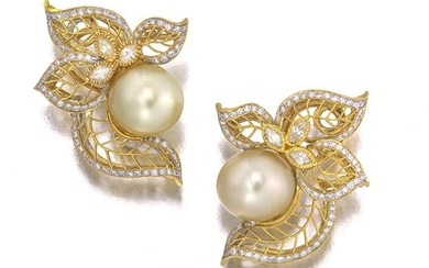 A pair of South Sea cultured pearl and diamond foliate