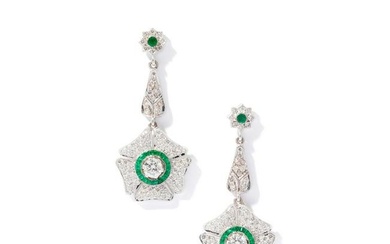 A pair of emerald and diamond pendent earrings