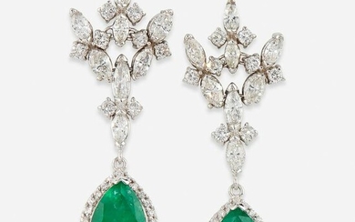 A pair of emerald, diamond, and eighteen karat white