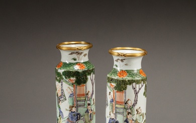 A pair of famille-verte 'figural' rouleau vases, Qing dynasty, 19th...