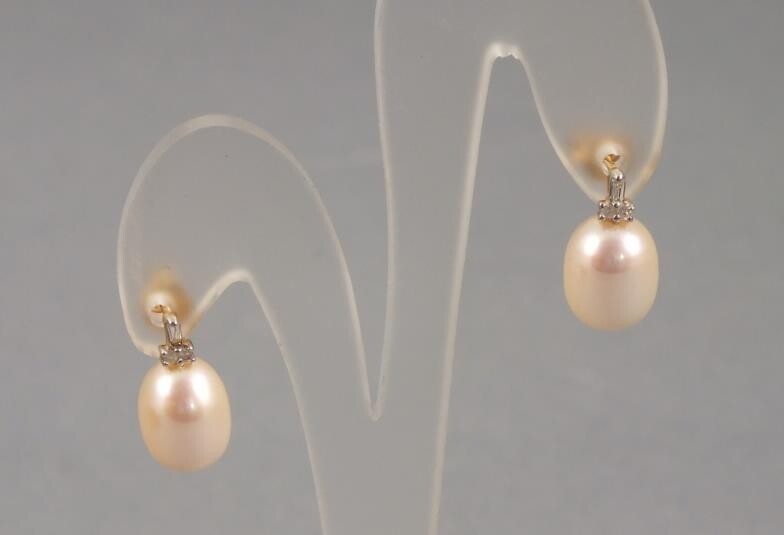 A pair of pearl and diamond set drop earrings,...
