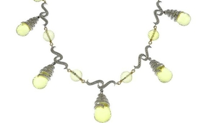 A prasiolite and diamond necklace.Estimated total
