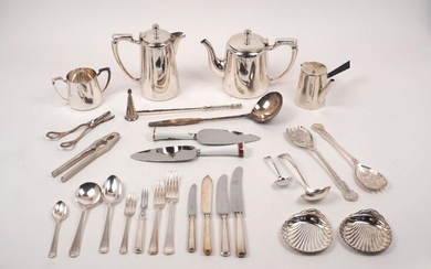 A quantity of Mappin & Webb silver plated flatware, including table forks, table knives, dessert forks, dessert knives, dessert spoons and soup spoons together with a candle snuffer; a Royal Worcester china handled pastry slice; a silver plated tea...
