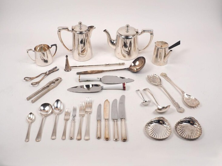 A quantity of Mappin & Webb silver plated flatware, including table forks, table knives, dessert forks, dessert knives, dessert spoons and soup spoons together with a candle snuffer; a Royal Worcester china handled pastry slice; a silver plated tea...