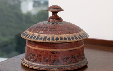 A red painted timber lidded container, some damage apparent, Height...