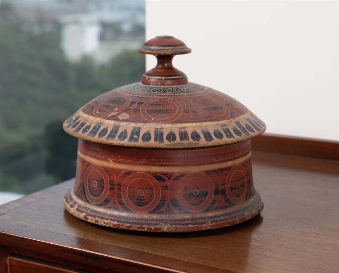 A red painted timber lidded container, some damage apparent, Height...