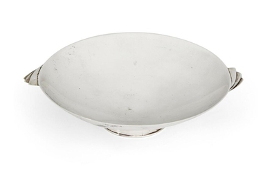 A silver nut bowl by Max Grenville, London, 1988, in maker's box, the circular dish designed with stepped fan handles, 14cm wide (inc. handles), approx. weight 3.8oz