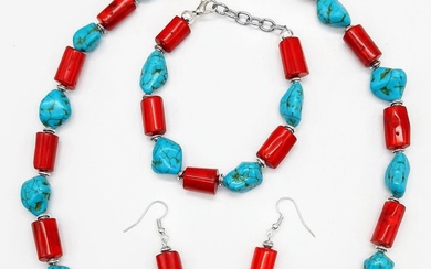 A substantial, chunky red coral and turquoise nugget necklace,...