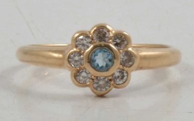 A synthetic stone and cubic zirconia daisy cluster ring.