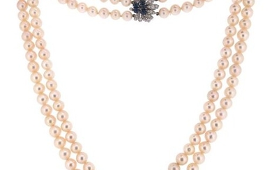 A two-row cultured pearl necklace, the cultured pearls measure approximately...
