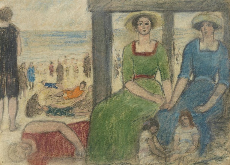 ABRAHAM WALKOWITZ Ladies at the Beach. Color pastels on paper, circa 1910. 394x536...