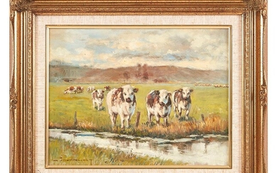 A.MERLET (XXème) Vaches s abreuvant Huile sur panneau signée en bas à gauche 26,5 x...