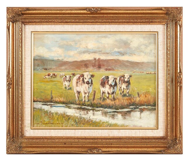 A.MERLET (XXème) Vaches s abreuvant Huile sur panneau signée en bas à gauche 26,5 x...