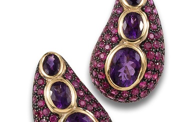 AMETHYST AND RUBY BOMBE EARRINGS, IN YELLOW GOLD