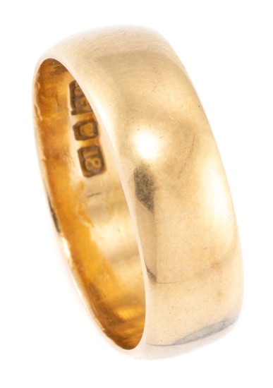 AN ANTIQUE 18CT GOLD WEDDING BAND; 6.4mm wide half round band hallmarked S.D &Co. for Stewart Dawson & Co, (resized) size O, wt. 5.30g.