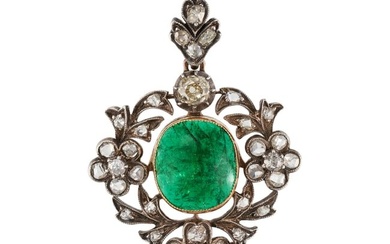 AN ANTIQUE FRENCH EMERALD AND DIAMOND PENDANT in 18ct yellow gold and silver, set with a cabochon...