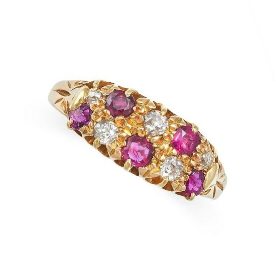 AN ANTIQUE RUBY AND DIAMOND CHECKERBOARD RING in 18ct yellow gold, set with two rows of alternating