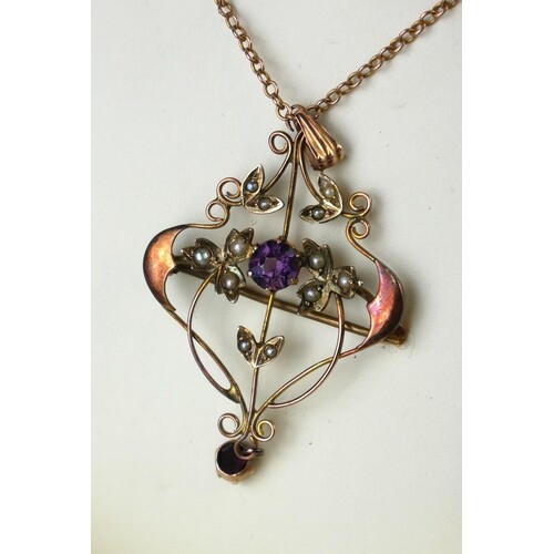 AN ART NOUVEAU 9CT GOLD, AMETHYST AND SEED PEARL PENDANT NEC...