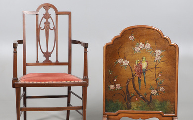 AN EDWARDIAN INLAID MAHOGANY ARMCHAIR AND A HAND PAINTED FIRESCREEN.