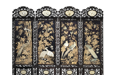 AN EMBROIDERED 'HUNDRED BIRDS' FOUR-PANEL SCREEN Late Qing Dynasty