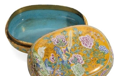 AN ENAMELLED BRONZE 'FLOWERS AND BIRDS' BOX WITH COVER