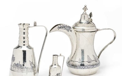 AN IRAQI COFFEE POT AND PAIR OF JUGS IN SIZES, PROBABLY BASRA OR OMARA, MID 20TH CENTURY