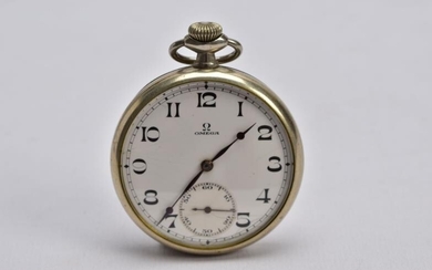 AN OMEGA OPEN FACE POCKET WATCH, round white dial...