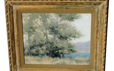 ANDRE GISSON FIGURES IN A FIELD WITH TREES OIL PAINTING